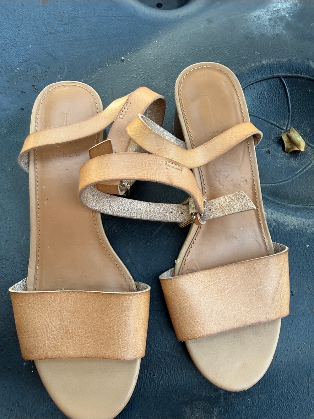 J. Crew Leather Strappy Tan Slide Sandals with Metallic Accent